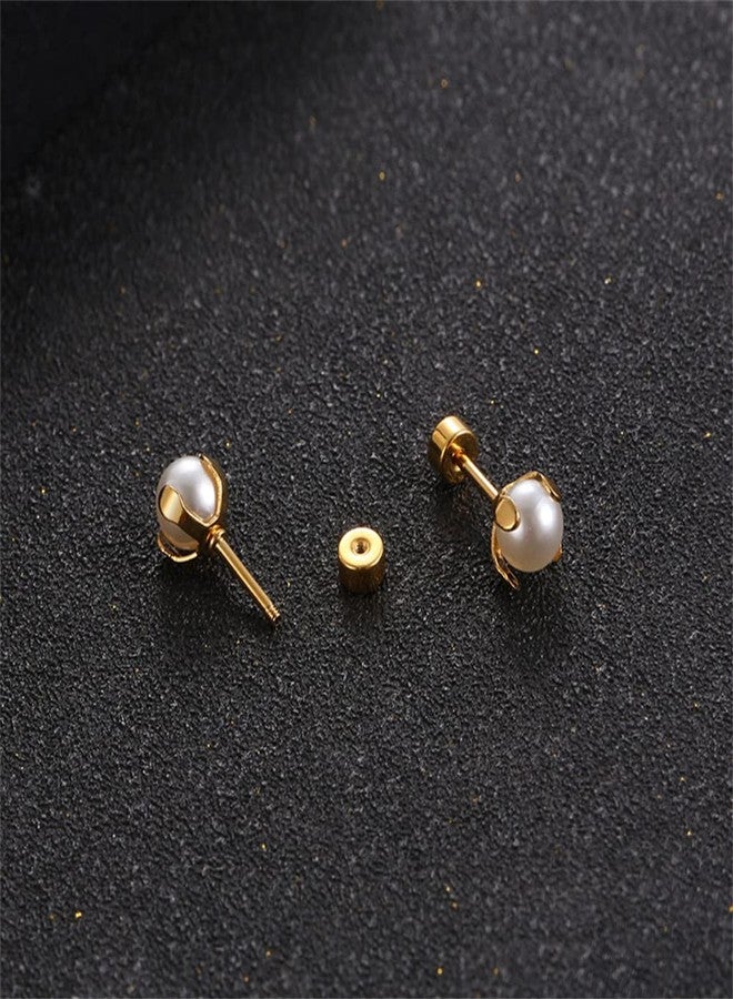 Dtja Titanium Shell Pearl Earrings for Women Gold-Tone 8mm Pearls Ball Tiny Stud Cartilage Tragus Screw Back Post Piercing Sensitive Ear, Metal, No Gemstone - Image 5