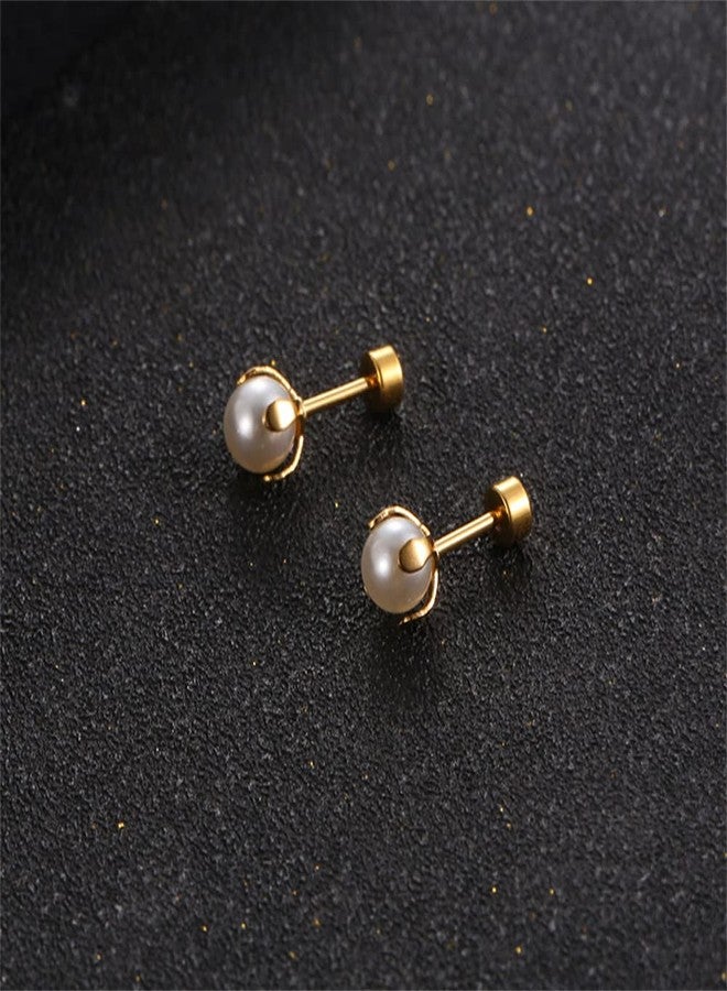 Dtja Titanium Shell Pearl Earrings for Women Gold-Tone 8mm Pearls Ball Tiny Stud Cartilage Tragus Screw Back Post Piercing Sensitive Ear, Metal, No Gemstone - Image 4