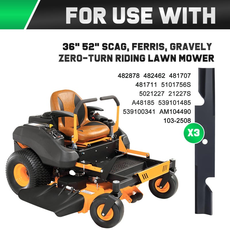 Grasscool 482878 Mower Blades for Scag Tiger Cub Wildcat Turf Tiger 36'' 52'' Deck Lawn Mower Replace Ferris 21227S 5101756s 5021227 Scag 482462 481711 48108 Encore 481707(3 Pack) - Image 2