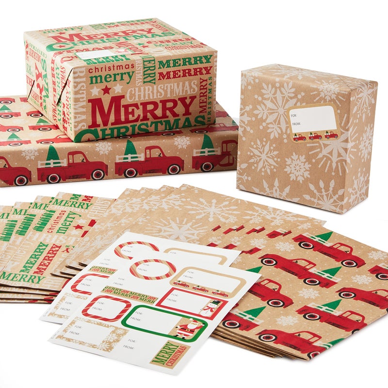 Hallmark Christmas Flat Wrapping Paper Sheets  Recyclable Kraft Gift Wrap Paper 12 Folded Sheets with Sticker Seals Rustic Red Trucks White Snowflakes Merry Christmas Lettering