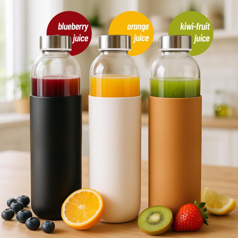 Luxfuel 18 oz Glass Juice Bottles with Lids and Silicone Sleeve, 6 Pack Reusable Clear Glass Water Bottles with Stainless Steel Cap for Juicing, Refrigerator,100% Leak Proof, BPA Free Drinking Bottle - Image 4