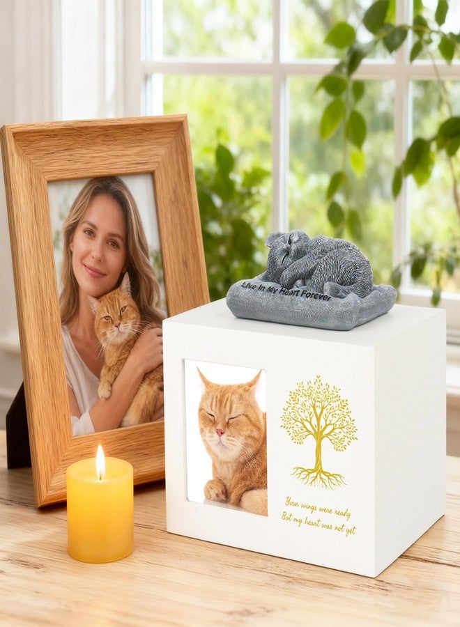 Dmnnlp Cat Urns for Ashes - Tree Pattern Cat Keepsake Wooden Box with Photo Frame, Resin Angel Cat Statue & Velvet Ash Bag 7.1"x5.12"x5.12"(White) - Image 4