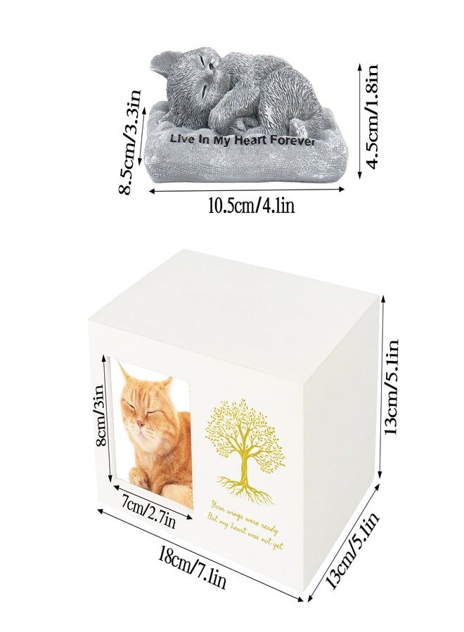 Dmnnlp Cat Urns for Ashes - Tree Pattern Cat Keepsake Wooden Box with Photo Frame, Resin Angel Cat Statue & Velvet Ash Bag 7.1"x5.12"x5.12"(White) - Image 2