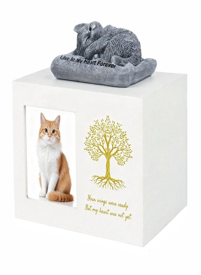 Dmnnlp Cat Urns for Ashes - Tree Pattern Cat Keepsake Wooden Box with Photo Frame, Resin Angel Cat Statue & Velvet Ash Bag 7.1"x5.12"x5.12"(White) - Image 1