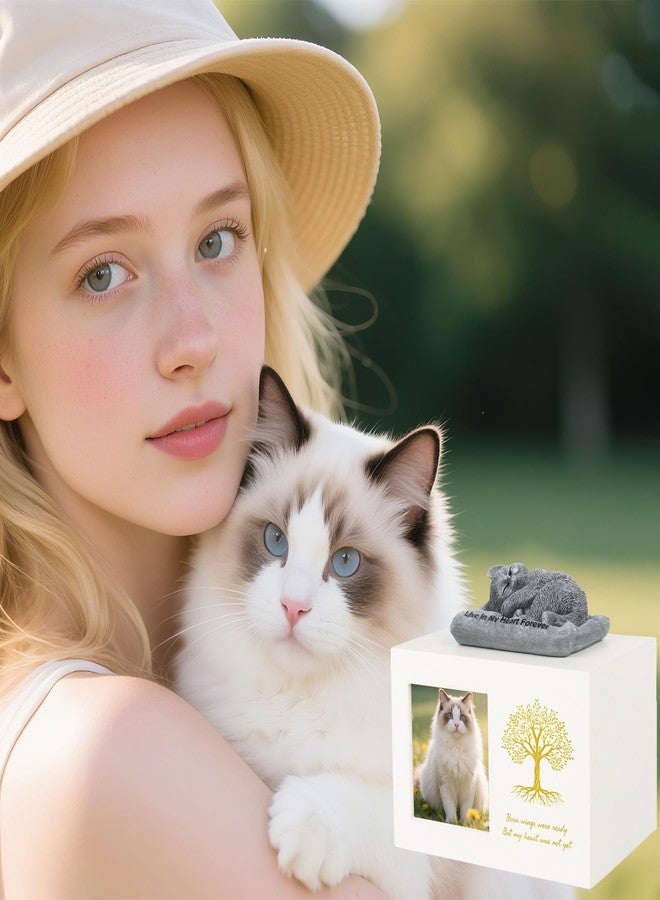 Dmnnlp Cat Urns for Ashes - Tree Pattern Cat Keepsake Wooden Box with Photo Frame, Resin Angel Cat Statue & Velvet Ash Bag 7.1"x5.12"x5.12"(White) - Image 5