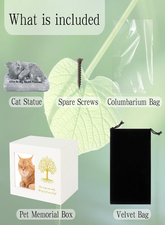 Dmnnlp Cat Urns for Ashes - Tree Pattern Cat Keepsake Wooden Box with Photo Frame, Resin Angel Cat Statue & Velvet Ash Bag 7.1"x5.12"x5.12"(White) - Image 3
