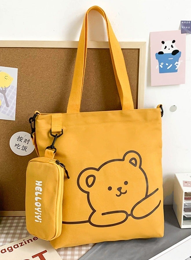 Joychic Lovely Bear Printed Student Shoulder Bag Portable Large Capacity Bookbag Foldable Tote Canvas Bag with Pencil Pouch Yellow - Image 1