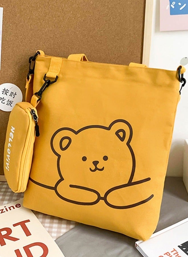 Joychic Lovely Bear Printed Student Shoulder Bag Portable Large Capacity Bookbag Foldable Tote Canvas Bag with Pencil Pouch Yellow - Image 2