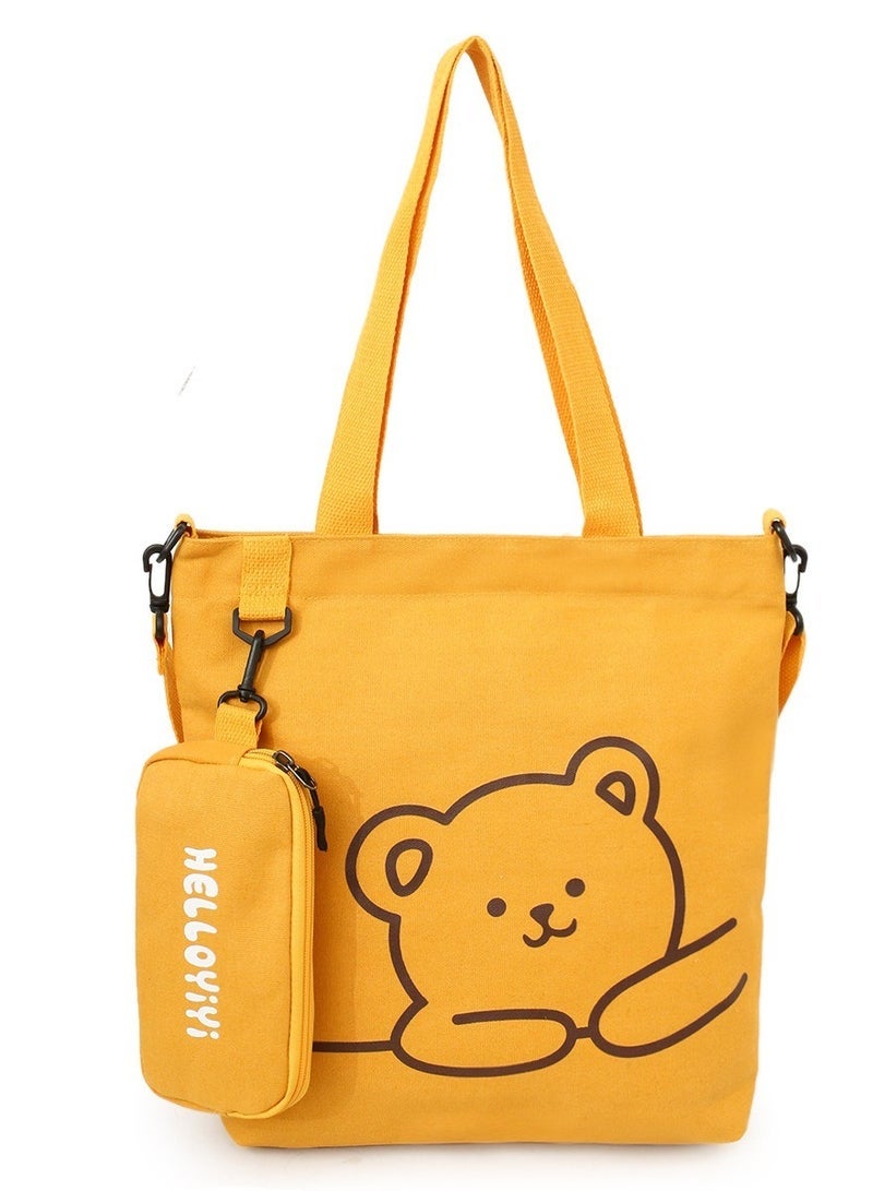 Joychic Lovely Bear Printed Student Shoulder Bag Portable Large Capacity Bookbag Foldable Tote Canvas Bag with Pencil Pouch Yellow - Image 3