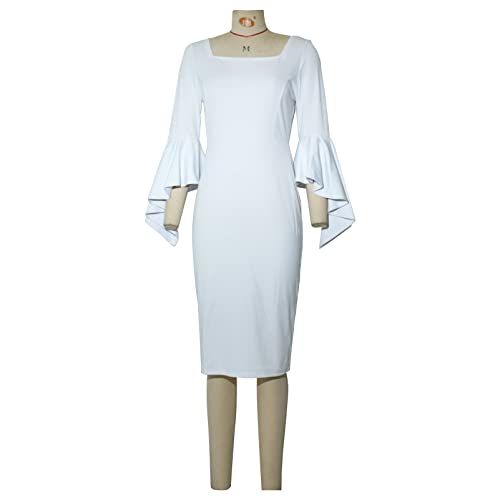 Cololura Women Three-Quarter Sleeve Flared Mid-Calf Elegant High Waist Formal Bodycon Midi Dress White - Image 4