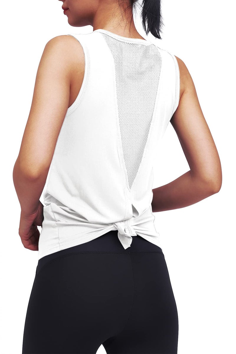 Mippo Workout Tops for Women Yoga Shirts Mesh Tie Back Tank Workout Tennis Shirts Sport Clothes Active Wear White L - Image 4