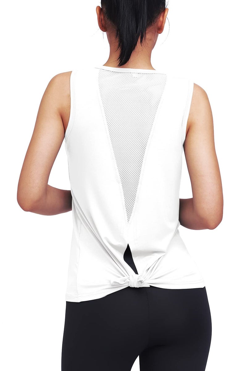 Mippo Workout Tops for Women Yoga Shirts Mesh Tie Back Tank Workout Tennis Shirts Sport Clothes Active Wear White L - Image 5