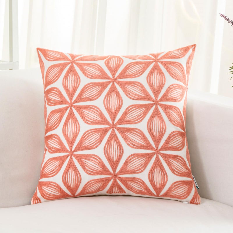 HWY 50 Coral Pink Decorative Throw Pillow Covers 18x18 Inch 1 Piece Embroidered Cotton Farmhouse Cushion Cover Pillow Case for Sofa Couch Living Room Bed Fashion Geometric
