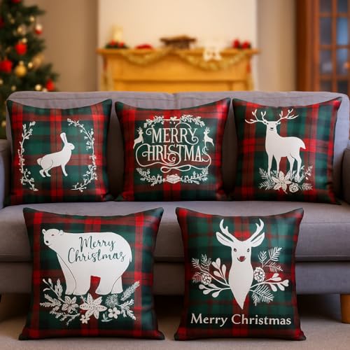 Vendola Decorative Merry Christmas Satin Cushion Cover 24 Inch x 24 Inch 5 Piece, Cusion Cover Sofa Pillow Cover Set for Home, Sofa & Living Room, Animal Print, Red, Green and White, 24X24 Inches - Image 1
