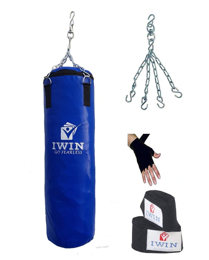 IWIN Sept-ComboPunch-WithWrap Synthetic Leather Unfilled Punching Bag with Chain and Hand Wraps Set, 4 ft (Blue) - Image 5
