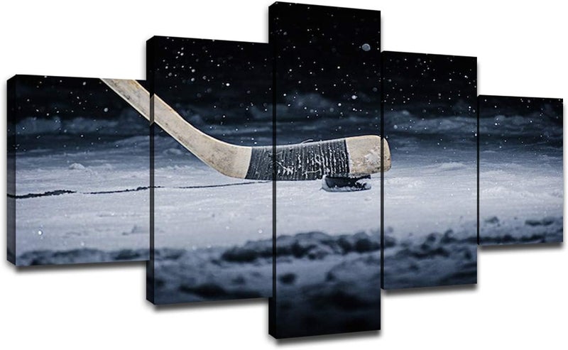 Artbrush Tower Ice Hockey Poster Wall Decor for Living Room Painting 5 Piece Canvas Stick and Ball Prints Wall Art Picture Modern Decoration for Home Poster with Frame Ready to Hang(60''Wx32''H) - Image 1