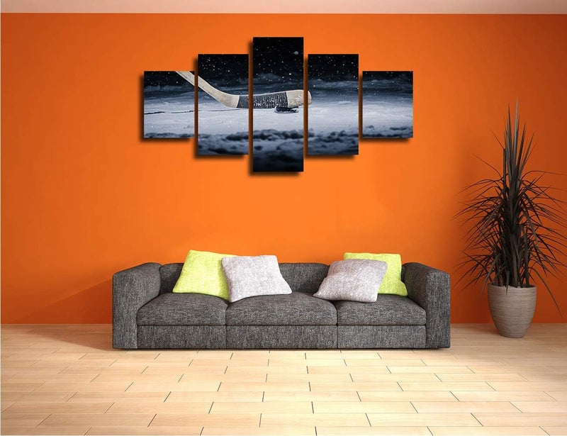 Artbrush Tower Ice Hockey Poster Wall Decor for Living Room Painting 5 Piece Canvas Stick and Ball Prints Wall Art Picture Modern Decoration for Home Poster with Frame Ready to Hang(60''Wx32''H) - Image 3