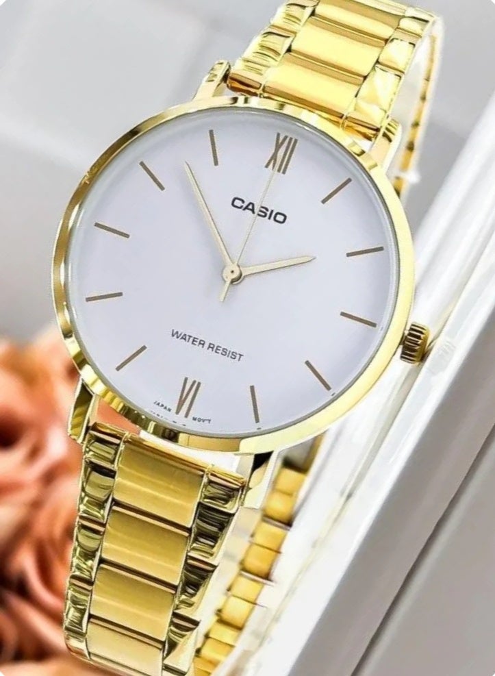 CASIO Analog Women’s Watch LTP-VT01G-7BUDF, 34 mm White Dial, Stainless Steel Case, Gold Stainless Steel Band, Water Resistant - Image 1