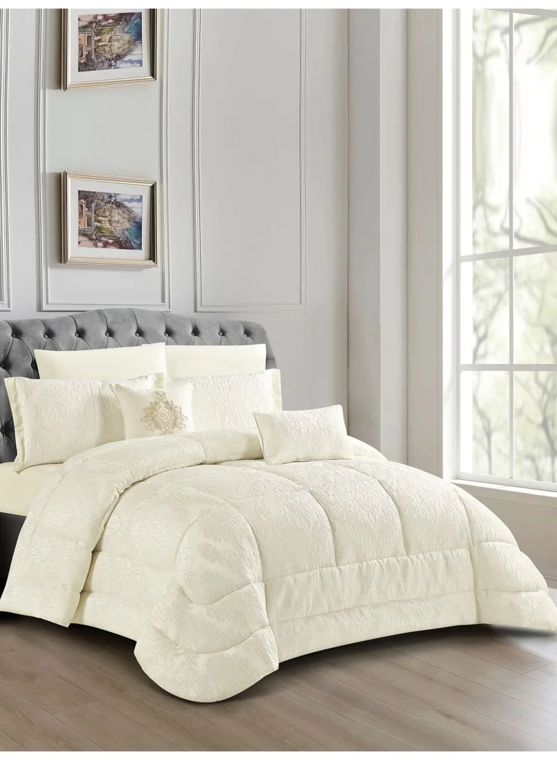 دوناتيلا طقم مفرش فاخر 8 قطع مقاس م 200×200سم جاكار فاخر  بحشوة 350 جم - يشمل لحاف، شرشف مطاط، أغطية مخدات وخداديّات