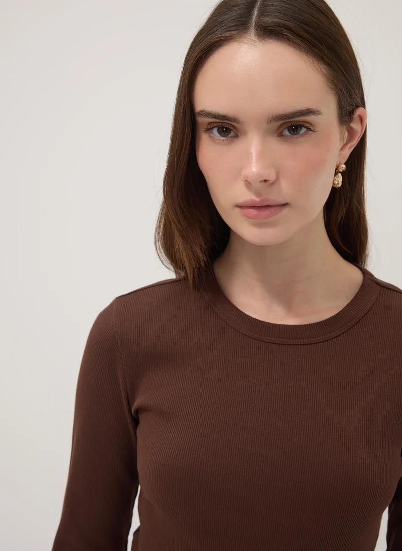 Ovs  OVS Brown Long-Sleeve Pure Cotton T-Shirt for Women | Best Price UAE