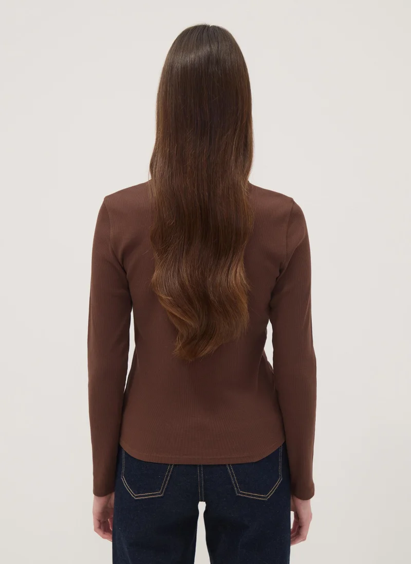 Ovs  OVS Brown Long-Sleeve Pure Cotton T-Shirt for Women | Best Price UAE