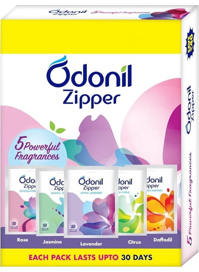 Odonil Bathroom Air Freshener Zipper Mix - 50g (10gx5) | Assorted Pack | Instant & Long Lasting Fragrance | Lasts upto 30 days | Germ Protection | Air Freshener for Bathroom, Toilet, Home & Office - Image 1