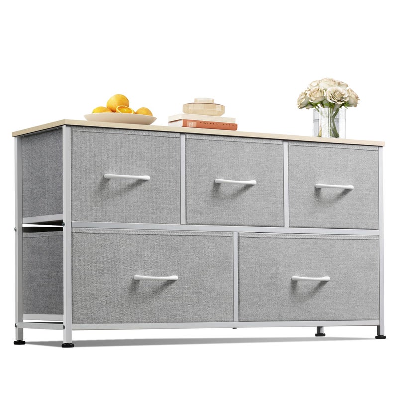 WLIVE Dresser for Bedroom with 5 Drawers Wide Chest of Drawers Fabric Dresser Storage Organization Unit with Fabric Bins for Closet Living Room Hallway Light Grey