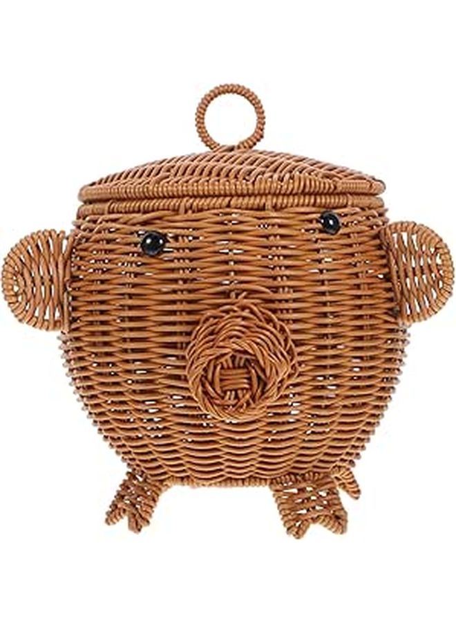 Pig Shaped Woven Storage Basket With Lid Rattan Style For Snacks Fruit Organization Brown - Image 1