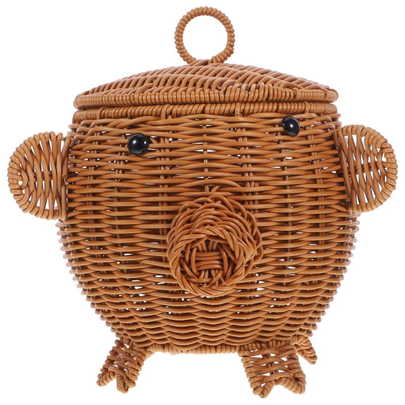 Pig Shaped Woven Storage Basket With Lid Rattan Style For Snacks Fruit Organization Brown - Image 2