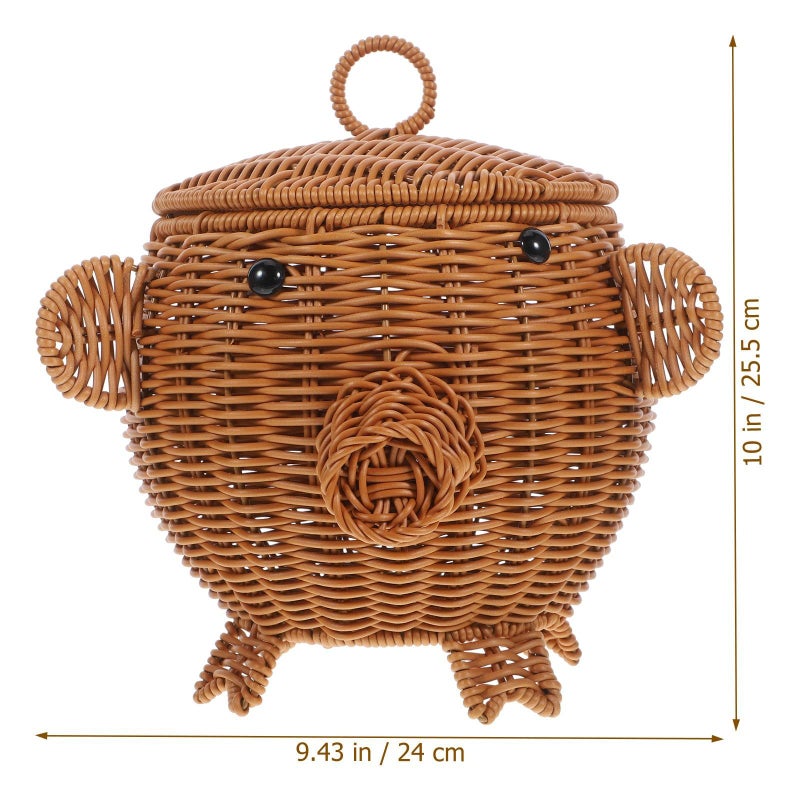 Pig Shaped Woven Storage Basket With Lid Rattan Style For Snacks Fruit Organization Brown - Image 3
