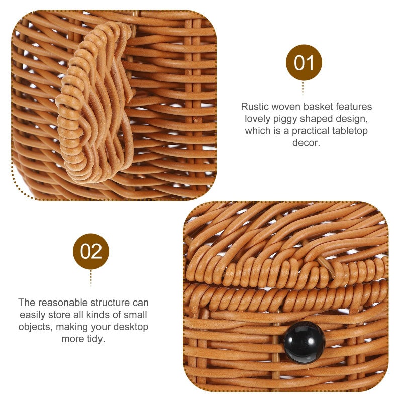 Pig Shaped Woven Storage Basket With Lid Rattan Style For Snacks Fruit Organization Brown - Image 4
