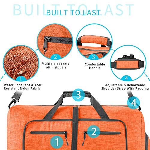 Vomgomfom Travel Duffle Bag for Men,65L Foldable Travel Duffel Bag with Shoes Compartment Overnight Bag for Men Women,Orange - Image 3