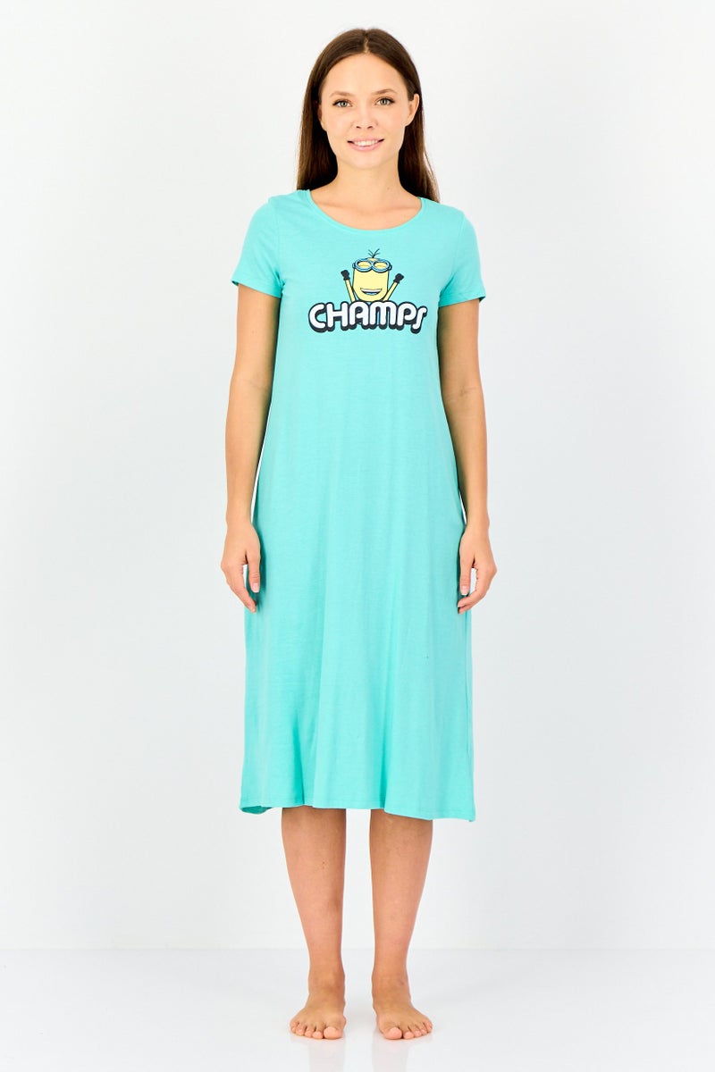 zivame Rosaline by Zivame Women Round Neck Minions Short Sleeve Sleeping Dress, Turquoise - Image 1