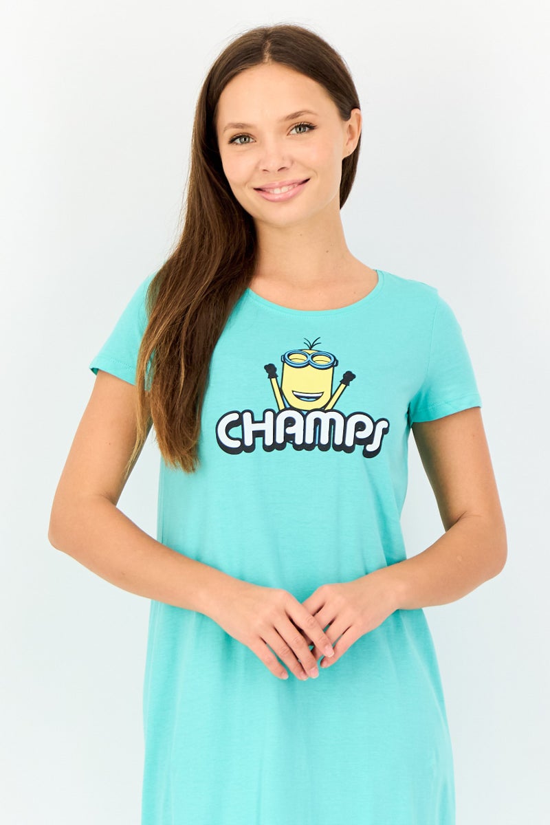 zivame Rosaline by Zivame Women Round Neck Minions Short Sleeve Sleeping Dress, Turquoise - Image 3