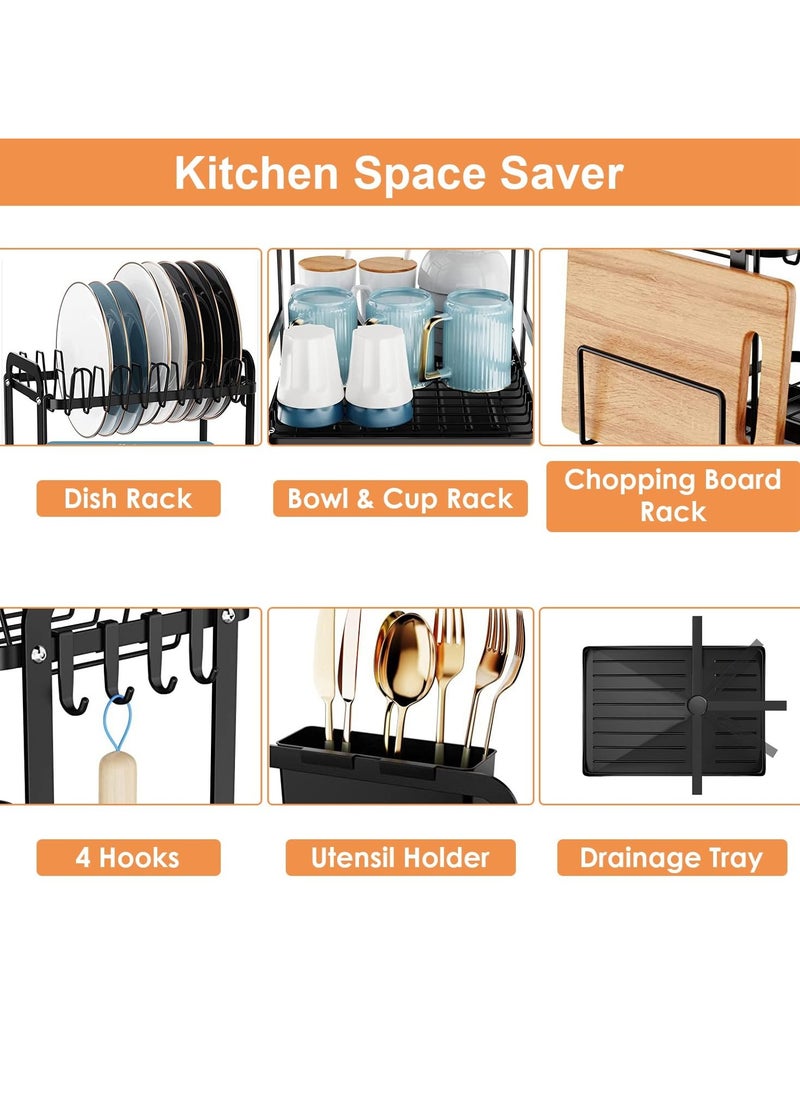 LOKIPA Dish Drying Rack,Carbon Steel Dish Racks for Kitchen Counter, Space Saving Rustproof 2-Tier Dish Drainers Strainer with Drainboard, Utensil Holder, Cups Holder,Detachable,Black  - Image 5