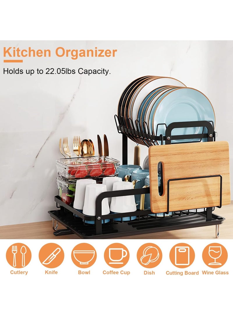 LOKIPA Dish Drying Rack,Carbon Steel Dish Racks for Kitchen Counter, Space Saving Rustproof 2-Tier Dish Drainers Strainer with Drainboard, Utensil Holder, Cups Holder,Detachable,Black  - Image 2