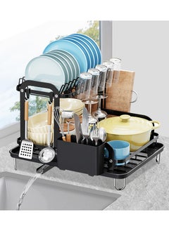 LOKIPA Dish Drying Rack,Carbon Steel Dish Racks for Kitchen Counter, Space Saving Rustproof 2-Tier Dish Drainers Strainer with Drainboard, Utensil Holder, Cups Holder,Detachable,Black  - Image 1