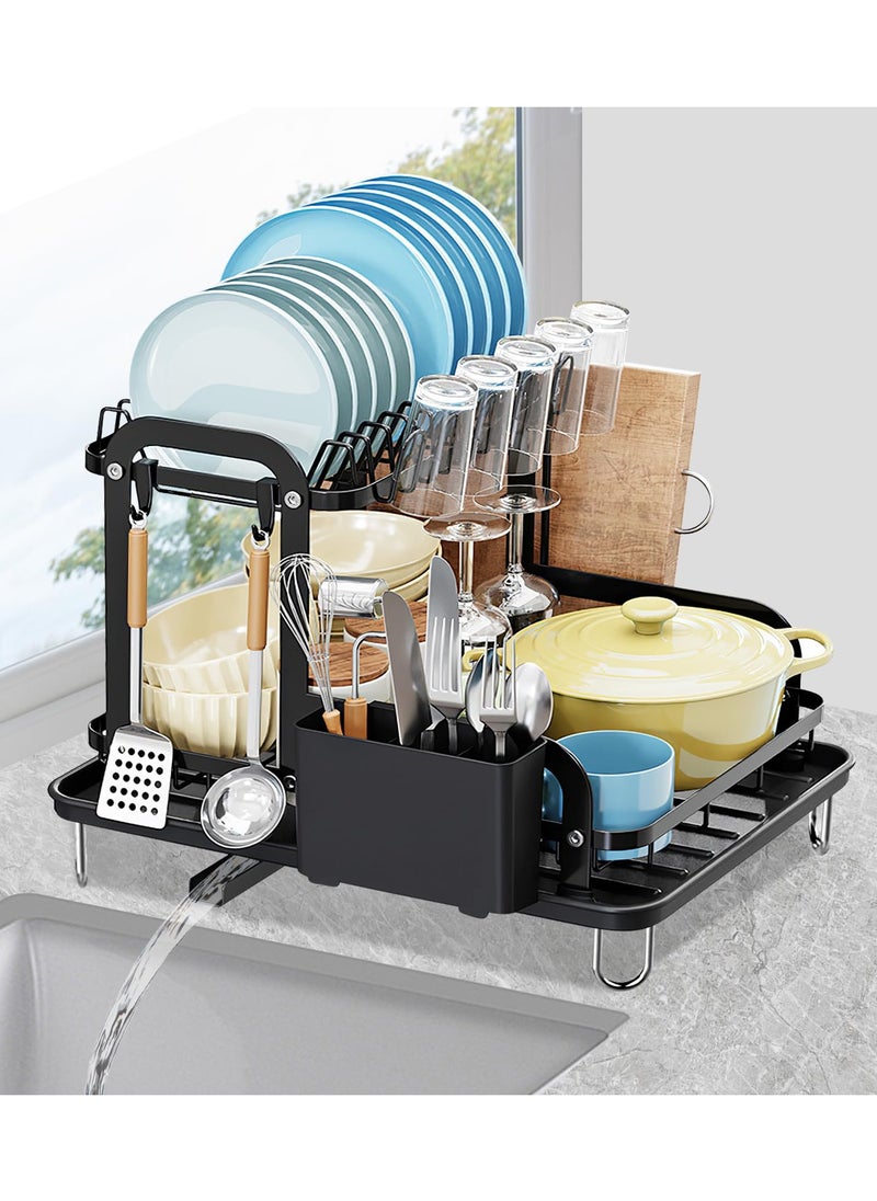 LOKIPA Dish Drying Rack,Carbon Steel Dish Racks for Kitchen Counter, Space Saving Rustproof 2-Tier Dish Drainers Strainer with Drainboard, Utensil Holder, Cups Holder,Detachable,Black  - Image 1