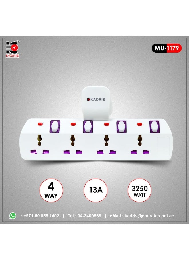 KADRIS - Multi Plug Extension Socket with individual switches, Extender Wall Socket 4 Way Multiple Electrical Outlet Adaptor, Electrical Power Extender Outlet Adaptor, T Socket for Home, Office, Kitchen - Image 1
