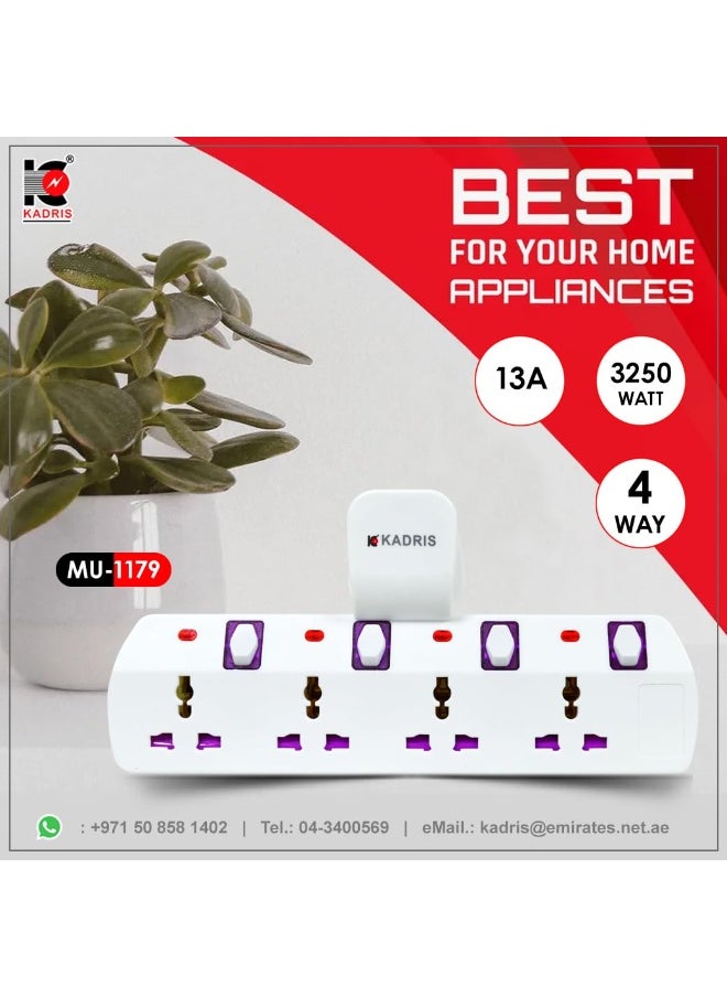 KADRIS Multi Plug Extension Socket with individual switches, Extender Wall Socket 4 Way Multiple Electrical Outlet Adaptor, Electrical Power Extender Outlet Adaptor, T Socket for Home, Office, Kitchen  - Image 3