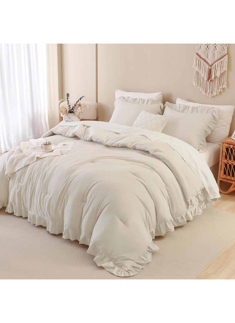 Andency Andency Beige Comforter Set Full Size  3 Pieces Solid Ruffle Vintage Rustic Soft Bedding Comforter Sets  All Season Lightweight Fluffy Soft Microfiber Bedding Set (79x90 Comforter & 2 Pillowcases)  - Image 2