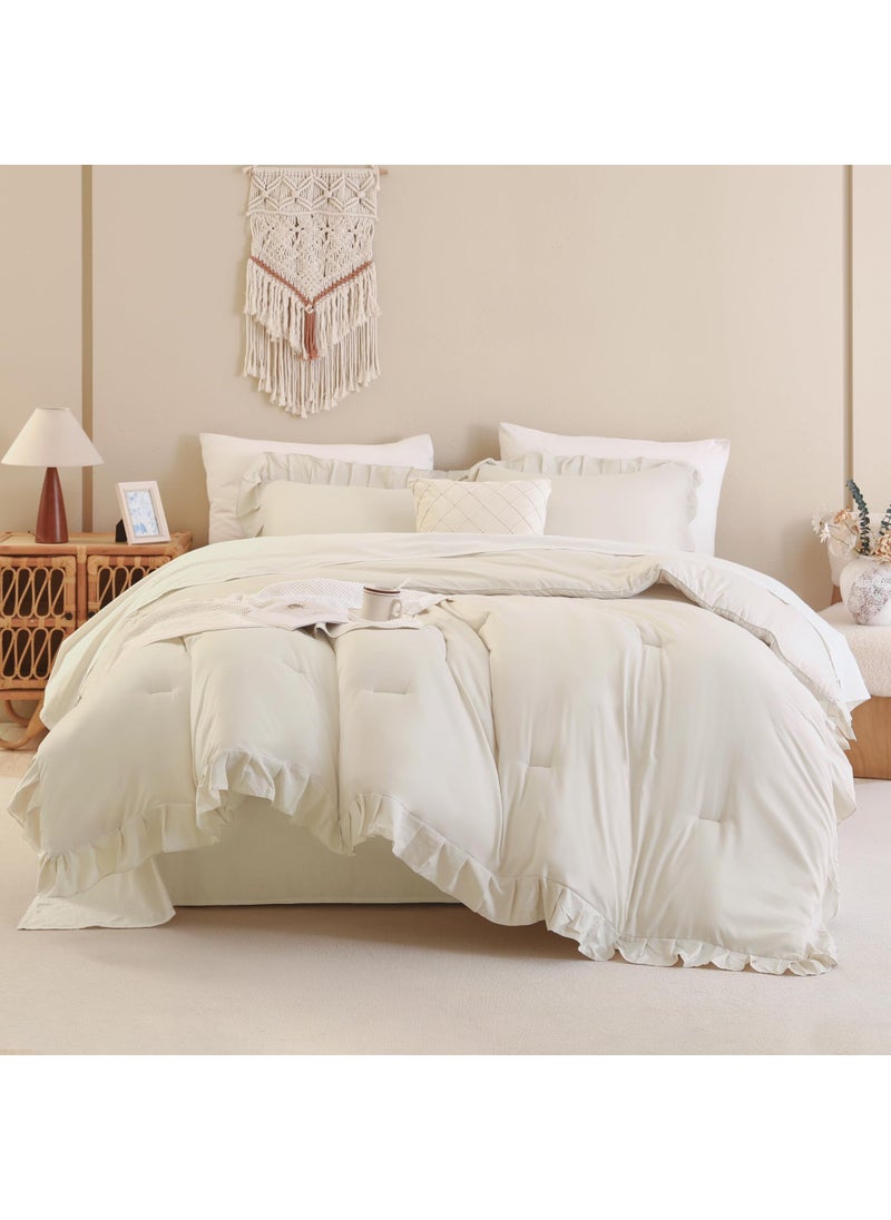 Andency Andency Beige Comforter Set Full Size  3 Pieces Solid Ruffle Vintage Rustic Soft Bedding Comforter Sets  All Season Lightweight Fluffy Soft Microfiber Bedding Set (79x90 Comforter & 2 Pillowcases)  - Image 4