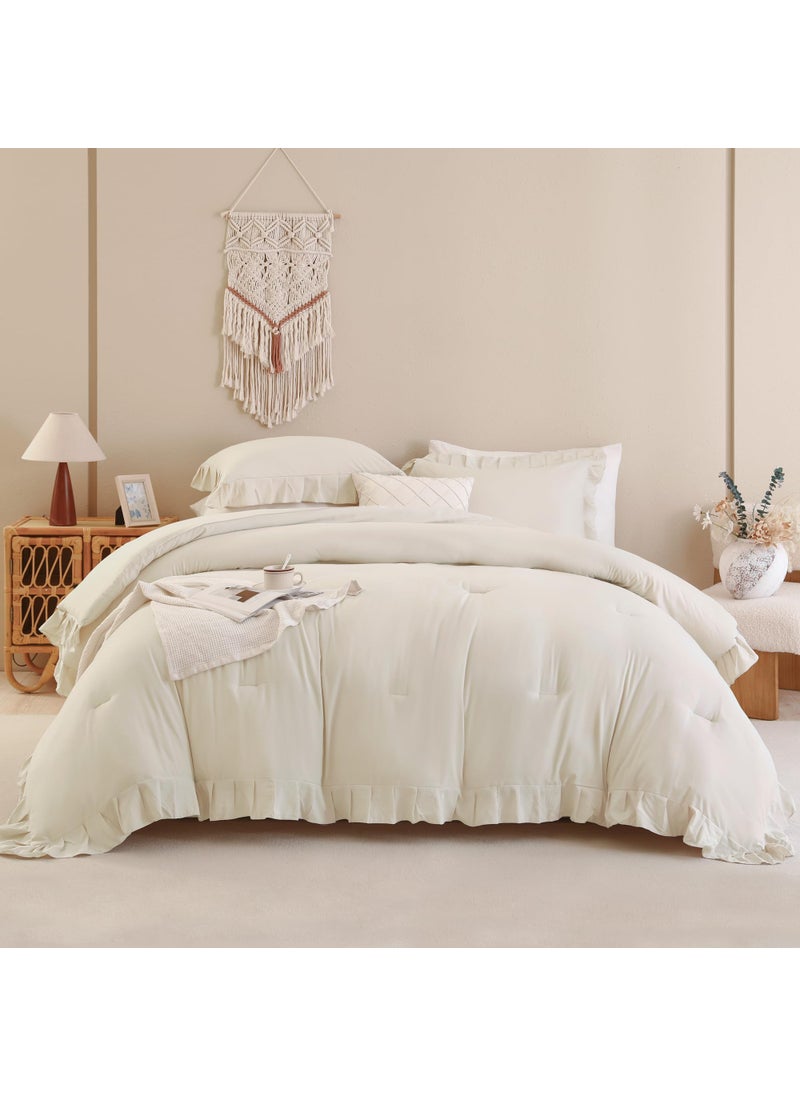 Andency Andency Beige Comforter Set Full Size  3 Pieces Solid Ruffle Vintage Rustic Soft Bedding Comforter Sets  All Season Lightweight Fluffy Soft Microfiber Bedding Set (79x90 Comforter & 2 Pillowcases)  - Image 3