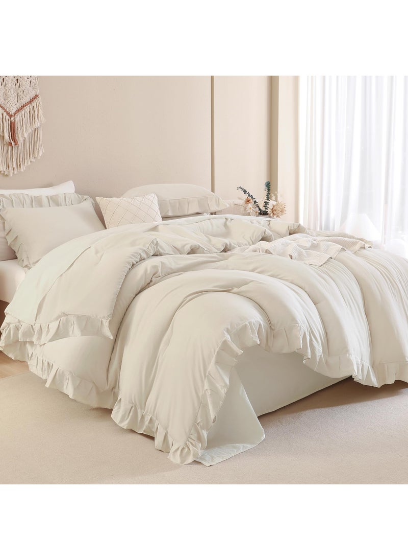Andency Andency Beige Comforter Set Full Size  3 Pieces Solid Ruffle Vintage Rustic Soft Bedding Comforter Sets  All Season Lightweight Fluffy Soft Microfiber Bedding Set (79x90 Comforter & 2 Pillowcases)  - Image 1