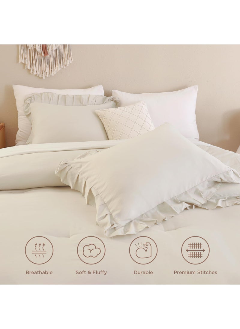 Andency Andency Beige Comforter Set Full Size  3 Pieces Solid Ruffle Vintage Rustic Soft Bedding Comforter Sets  All Season Lightweight Fluffy Soft Microfiber Bedding Set (79x90 Comforter & 2 Pillowcases)  - Image 5