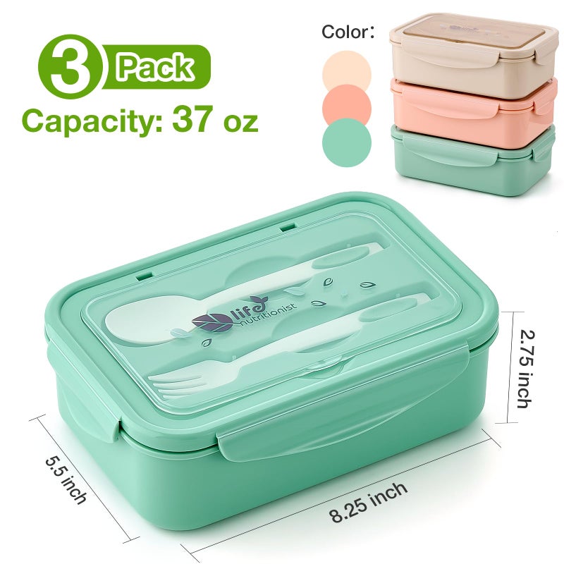 Mfacoy 3 Pack Bento Boxes for Adults/Kids  1100 ML Bento Lunch Box With Spoon & Fork  Lunch Box Containers  Bento Box for Dining Out  Work  Picnic  BPA-Free  Microwave & Dishwasher Safe - Image 3
