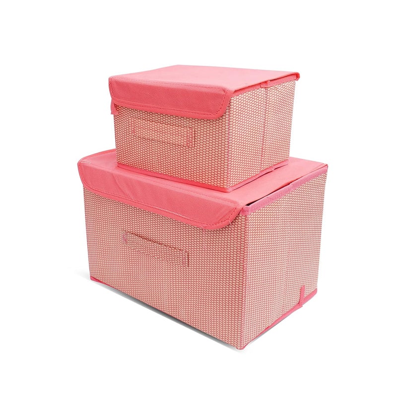 QUAIL Non-Woven Big and Small Storage Box Wardrobe Closet Organizer Foldable & Stackable Basket/Bins with Lid and Handle (Pink, Set of 2) - Image 1