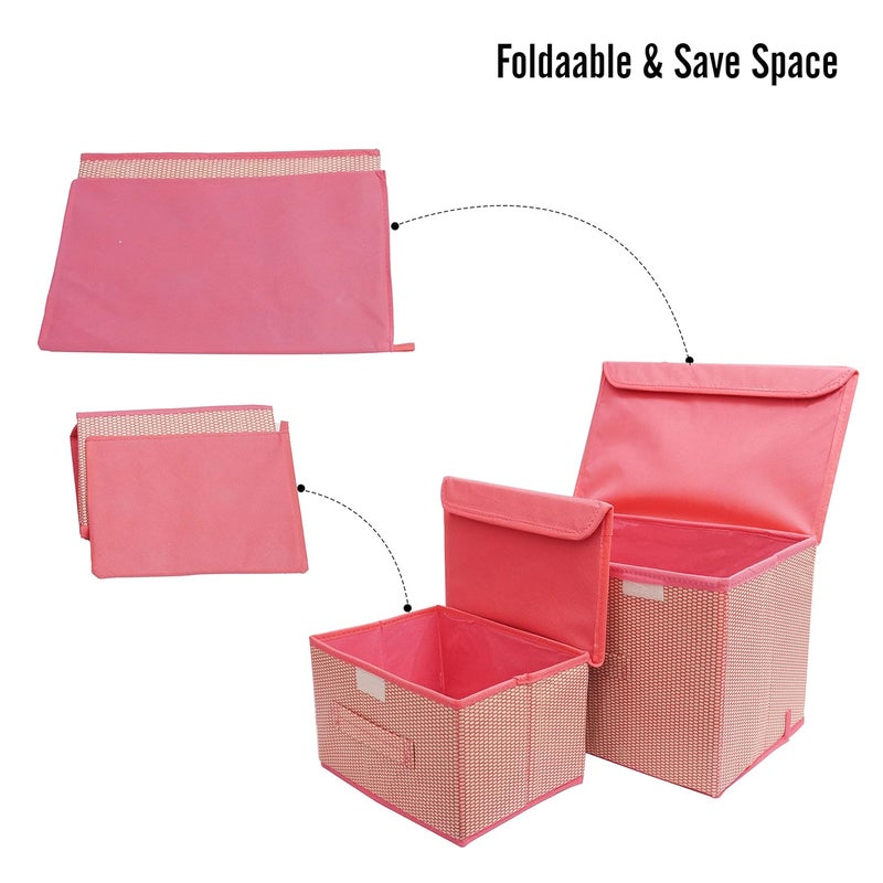 QUAIL Non-Woven Big and Small Storage Box Wardrobe Closet Organizer Foldable & Stackable Basket/Bins with Lid and Handle (Pink, Set of 2) - Image 2