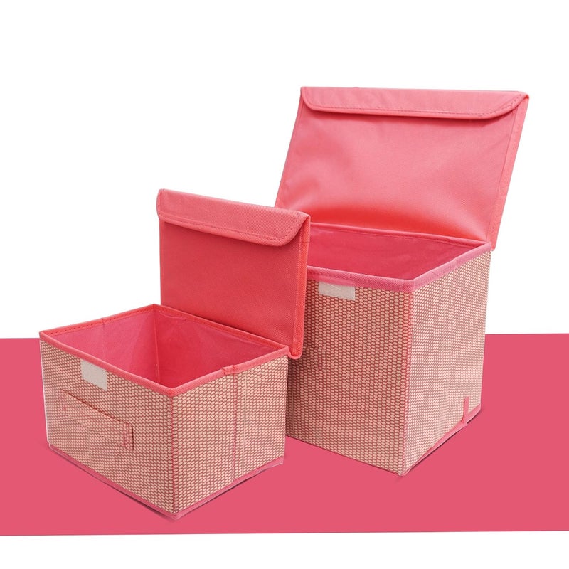 QUAIL Non-Woven Big and Small Storage Box Wardrobe Closet Organizer Foldable & Stackable Basket/Bins with Lid and Handle (Pink, Set of 2) - Image 3