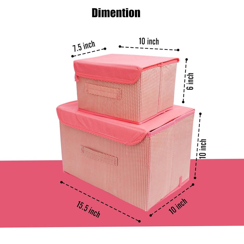 QUAIL Non-Woven Big and Small Storage Box Wardrobe Closet Organizer Foldable & Stackable Basket/Bins with Lid and Handle (Pink, Set of 2) - Image 4